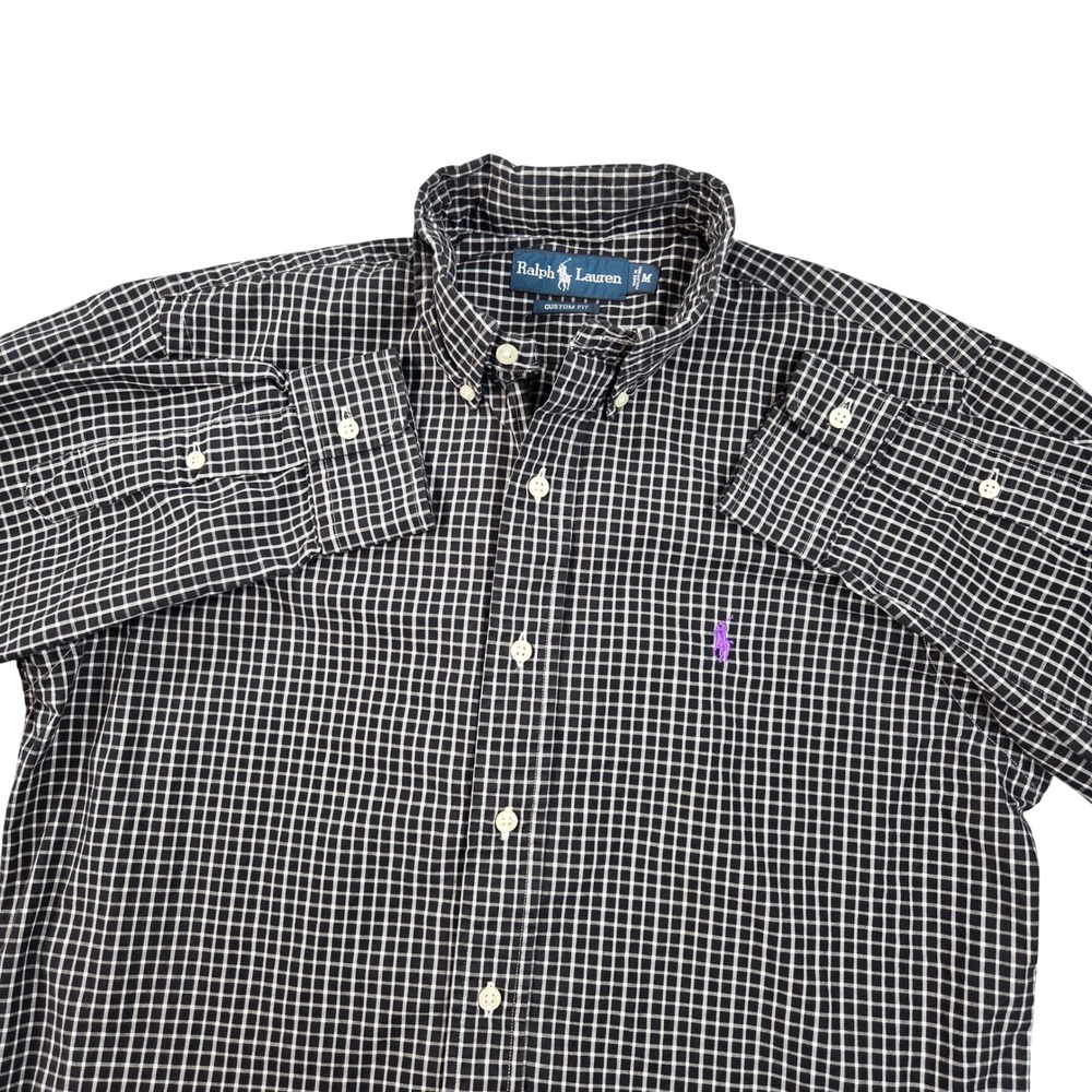 Ralph Lauren Shirt Mens Medium Black White Custom Fit Check Button Down 8544